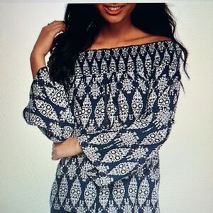 Society Girl Tunic Top Off the Shoulder Blue Batik Print Shirt Blouse Size Small